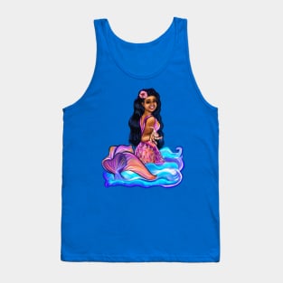 Mermaid Pacific princess  with rainbow coloured colored fins, hibiscus, outstretched  arm, brown eyes, Curly hair  and caramel brown skin - light background Tank Top